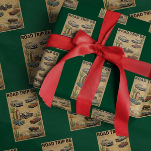 Vintage Route Highway 66 Road Trip Poster Wrapping Paper Roll Open Road Adventure TS12 Green Print Your Wear