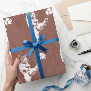 Vintage Sketch Soccer Cat Graphic Wrapping Paper Roll Kitten Kicking Football Sports Lover TS02 Mocha Print Your Wear