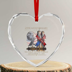 We Will Never Forget 9 11 Memorial 25th Anniversary Heart Crystal Glass Ornament Patriotic American Flag Ribbon