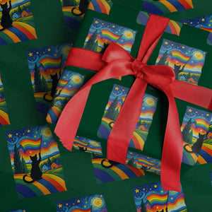 Whimsical Black Cat Pride Flag Wrapping Paper Roll Colorful LGBTQ Rainbow TS02 Green Print Your Wear