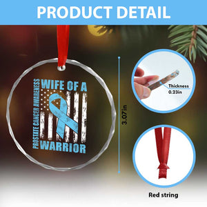 Wife Of A Warrior Prostate Cancer Awareness Crystal Glass Ornament American Flag Blue Ribbon Graphic