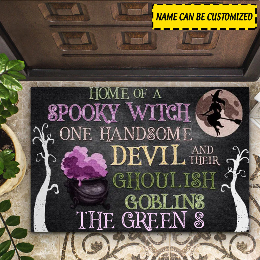 Personalized Halloween Decor Witch With Handsome Devil and Their Goblins Doormat CTM Custom - Printyourwear