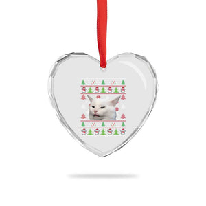 Woman Yelling At A Cat Ugly Christmas Heart Crystal Glass Ornament Funny Cat Meme Matching Couple Christmas Pajama TS10 Print Your Wear