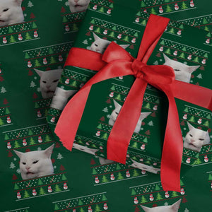 Woman Yelling At A Cat Ugly Christmas Wrapping Paper Roll Funny Cat Meme Matching Couple Christmas Pajama TS10 Green Print Your Wear