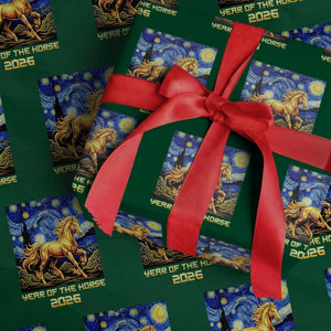 Year of the Horse Starry Night Inspired Graphic Wrapping Paper Roll Golden Horse Chinese Zodiac Art TS02 Green Print Your Wear