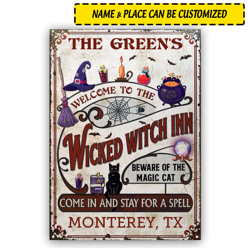 Halloween Personalized Metal Signs Witch Inn Black Cat Stay For A Spell Vertical CTM One Size 24x18 inch (60.96x45.72 cm) Custom - Printyourwear