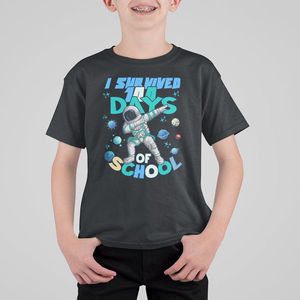 100 Days of School Astronaut T Shirt For Kid Outer Space Dabbing I Survived TS02 Black Printyourwear