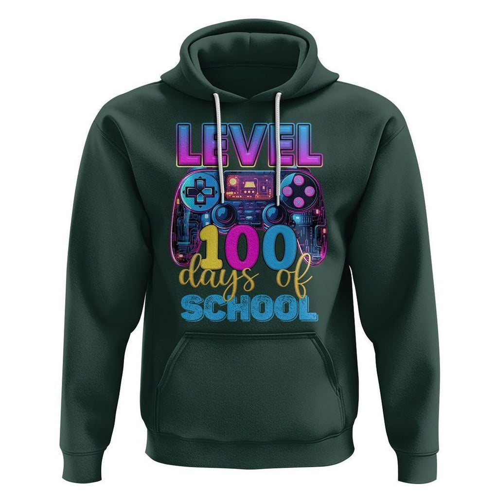 100 Days of School Gamer Hoodie Level 100 Unlocked Neon Game Controller TS02 Dark Forest Green Printyourwear