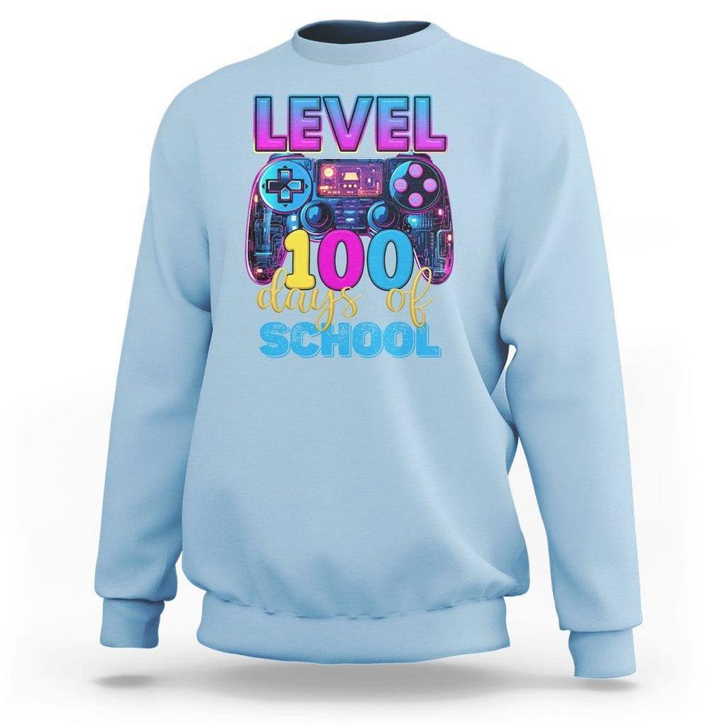 100 Days of School Gamer Sweatshirt Level 100 Unlocked Neon Game Controller TS02 Light Blue Printyourwear