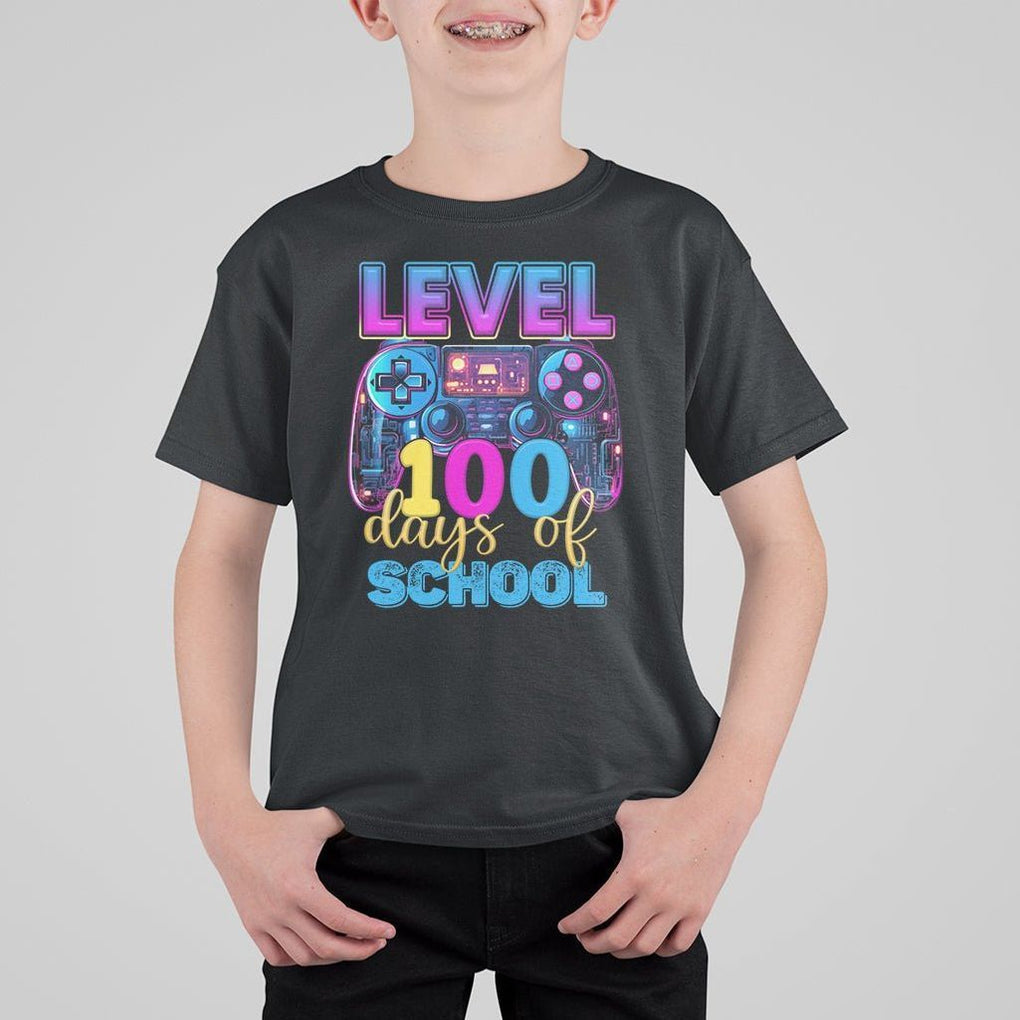100 Days of School Gamer T Shirt For Kid Level 100 Unlocked Neon Game Controller TS02 Black Printyourwear