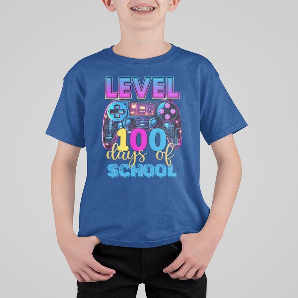 100 Days of School Gamer T Shirt For Kid Level 100 Unlocked Neon Game Controller TS02 Royal Blue Printyourwear