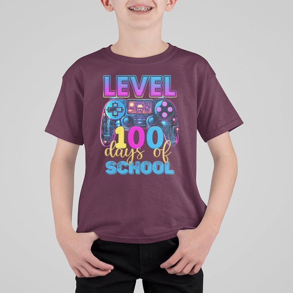 100 Days of School Gamer T Shirt For Kid Level 100 Unlocked Neon Game Controller TS02 Maroon Printyourwear