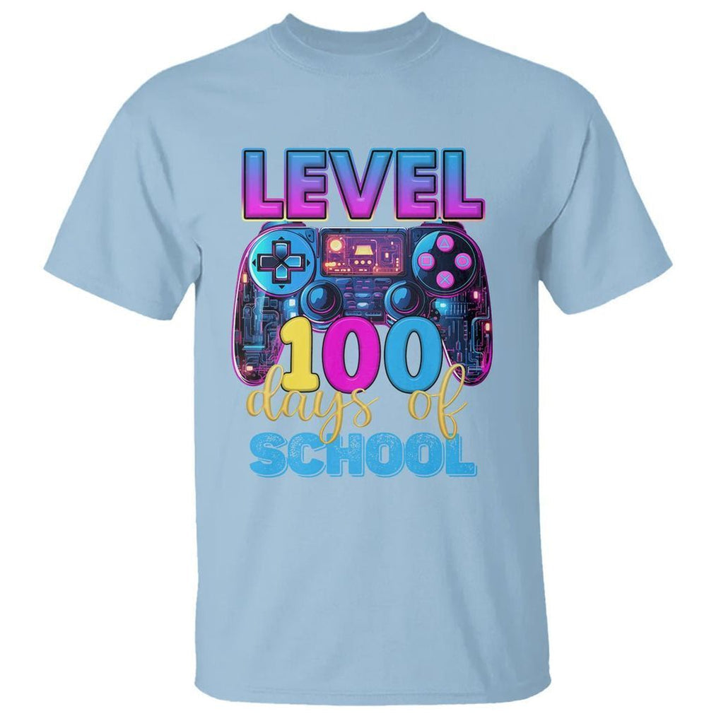 100 Days of School Gamer T Shirt Level 100 Unlocked Neon Game Controller TS02 Light Blue Printyourwear
