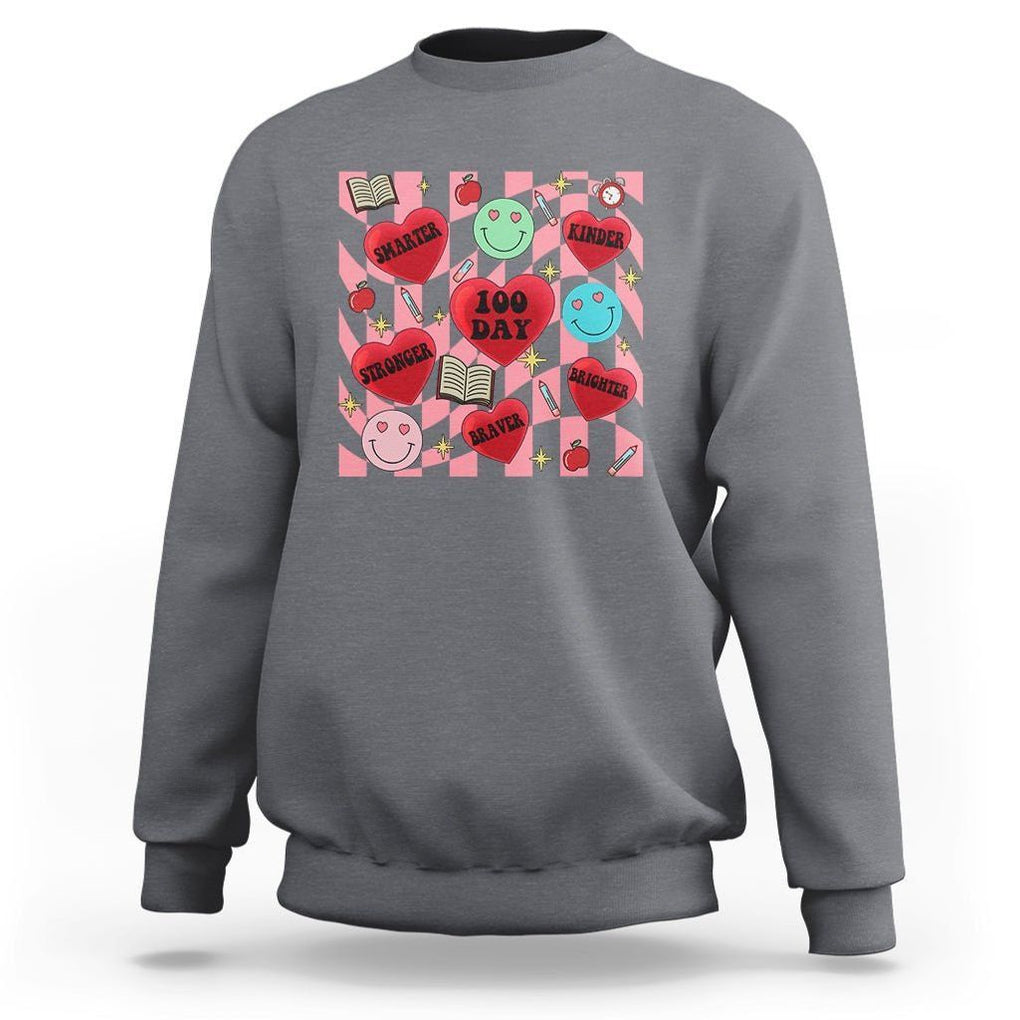 100 Days Of School Sweatshirt Smarter Kinder Stronger Brighter Retro Groovy TS02 Charcoal Printyourwear