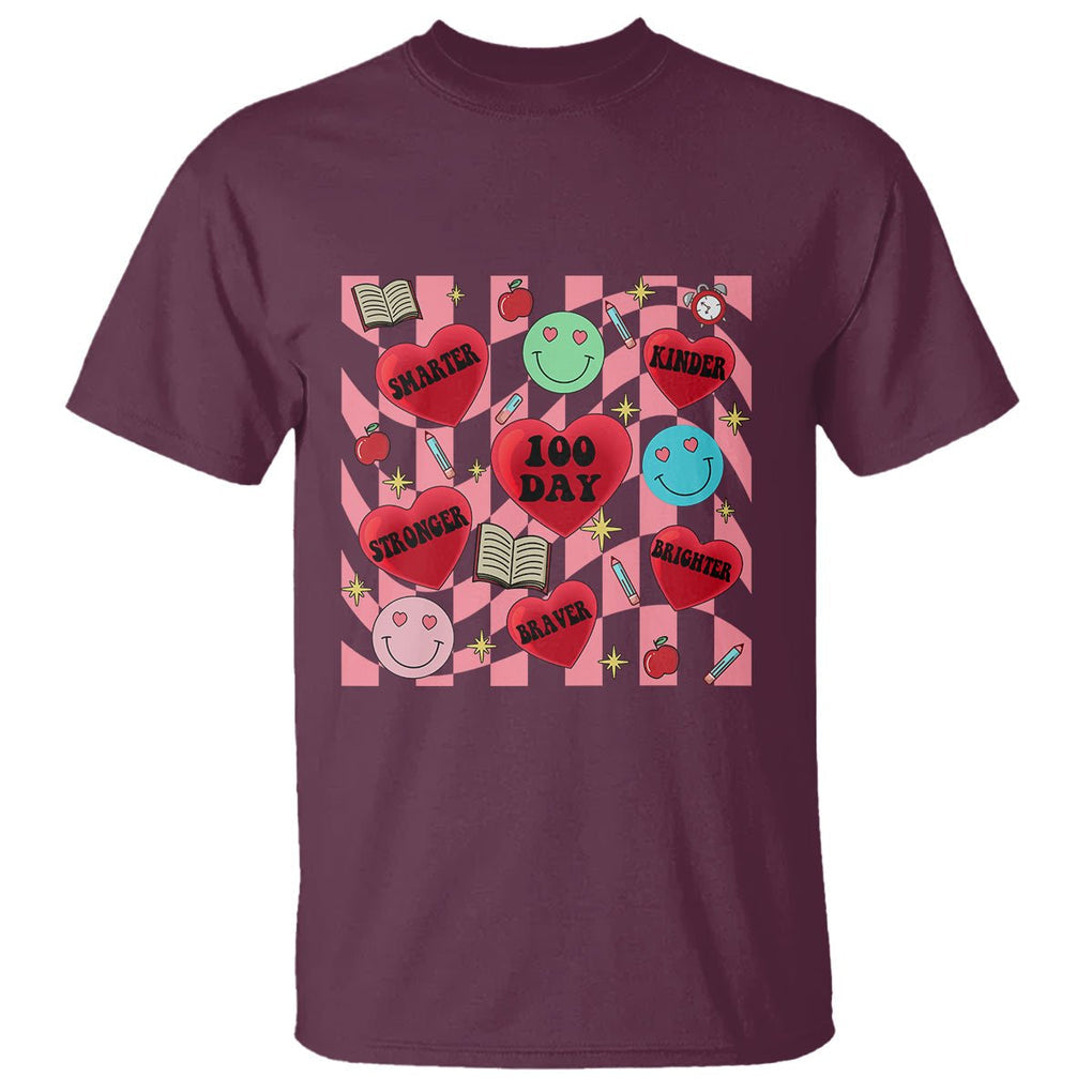 100 Days Of School T Shirt Smarter Kinder Stronger Brighter Retro Groovy TS02 Maroon Printyourwear