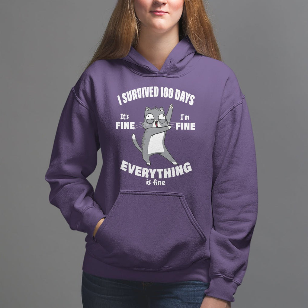 100th Day Of School Hoodie Funny Cat Everything Is Fine I Survived 100 Days TS09 Purple Printyourwear