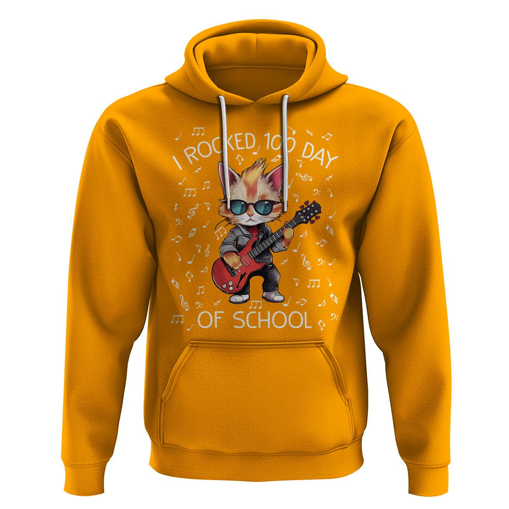 100th Day Of School Hoodie I Rocked 100 Days Funny Cat Play Guitar Rock Lover TS09 Gold Printyourwear