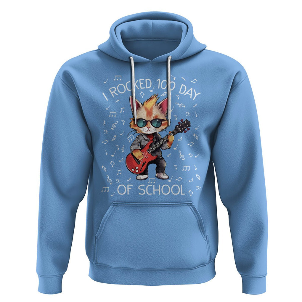 100th Day Of School Hoodie I Rocked 100 Days Funny Cat Play Guitar Rock Lover TS09 Carolina Blue Printyourwear