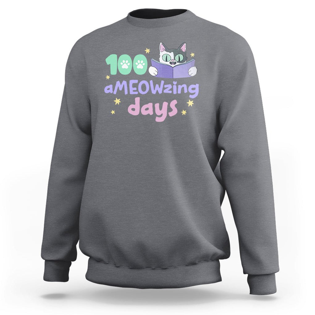 100th Day Of School Sweatshirt 100 Ameowzing Days Cute Cat Reading Book TS09 Charcoal Printyourwear
