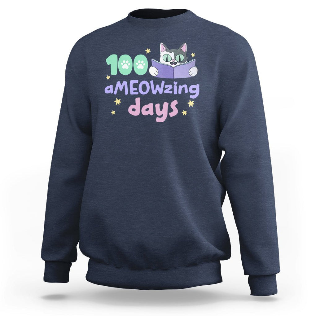100th Day Of School Sweatshirt 100 Ameowzing Days Cute Cat Reading Book TS09 Navy Printyourwear
