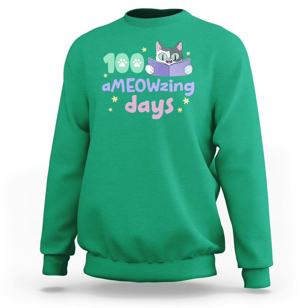 100th Day Of School Sweatshirt 100 Ameowzing Days Cute Cat Reading Book TS09 Irish Green Printyourwear
