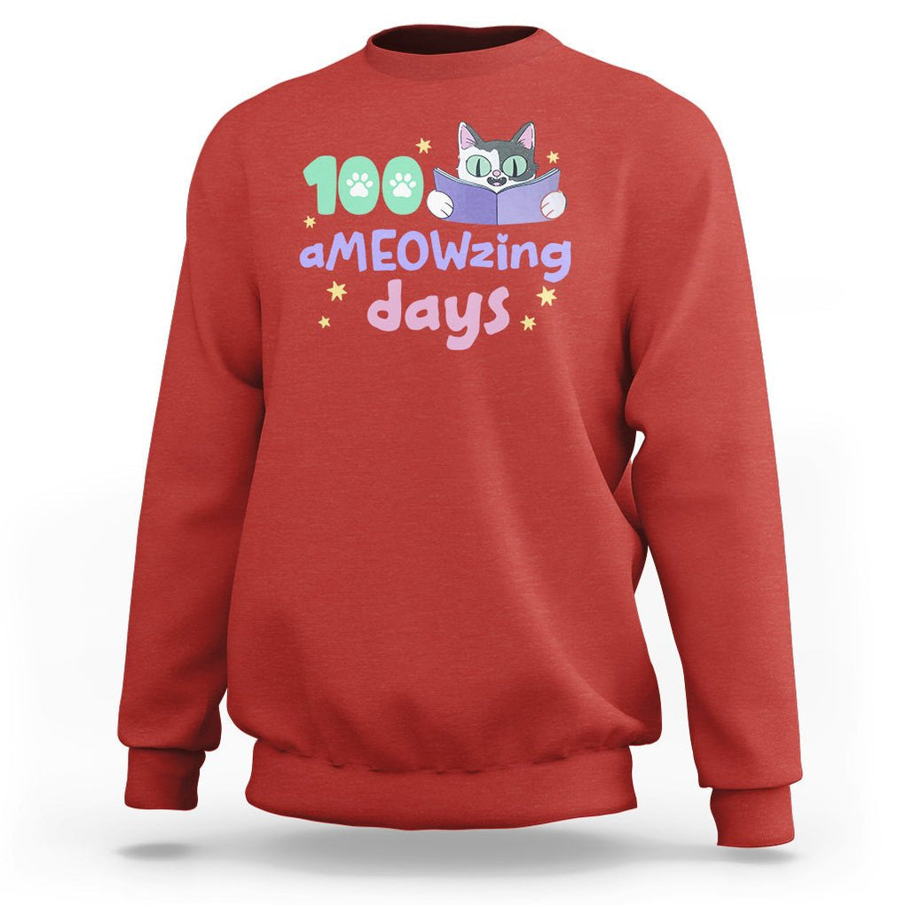100th Day Of School Sweatshirt 100 Ameowzing Days Cute Cat Reading Book TS09 Red Printyourwear