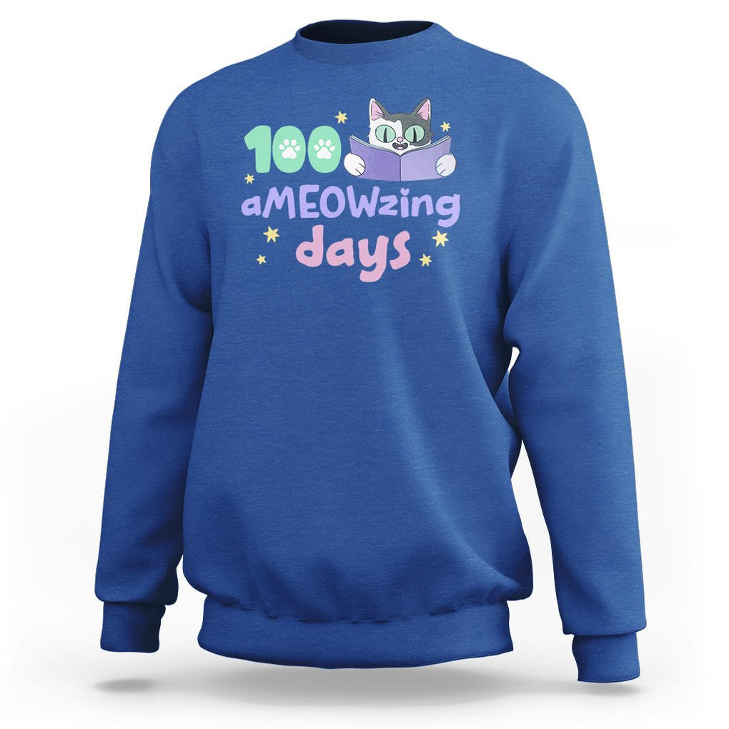 100th Day Of School Sweatshirt 100 Ameowzing Days Cute Cat Reading Book TS09 Royal Blue Printyourwear