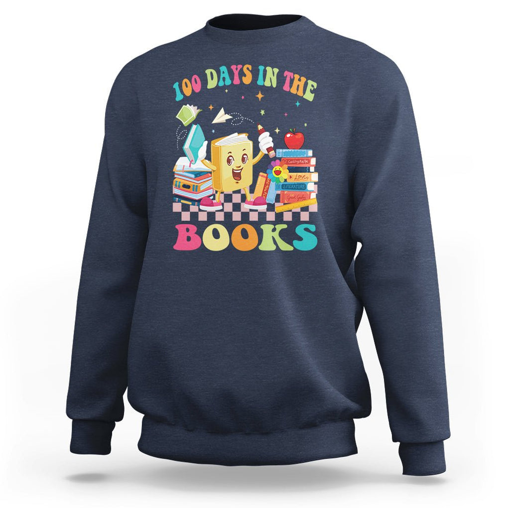 100th Day Of School Sweatshirt 100 Days In The Books Reading Bookworm TS09 Navy Printyourwear