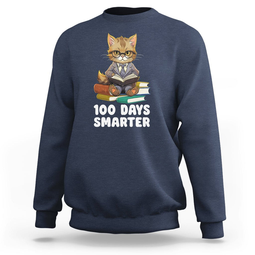 100th Day Of School Sweatshirt 100 Days Smarter Funny Kitty Cat Reading Book TS09 Navy Printyourwear