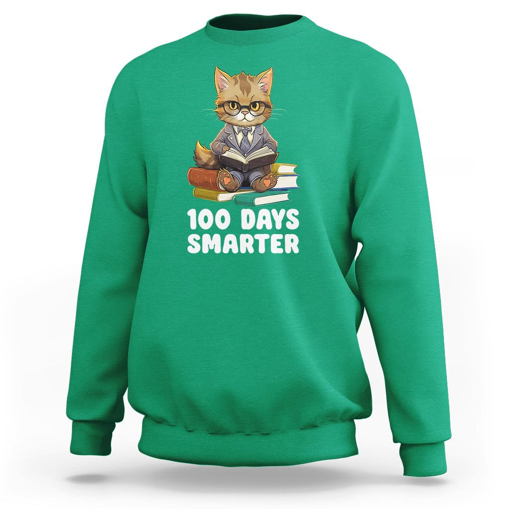 100th Day Of School Sweatshirt 100 Days Smarter Funny Kitty Cat Reading Book TS09 Irish Green Printyourwear