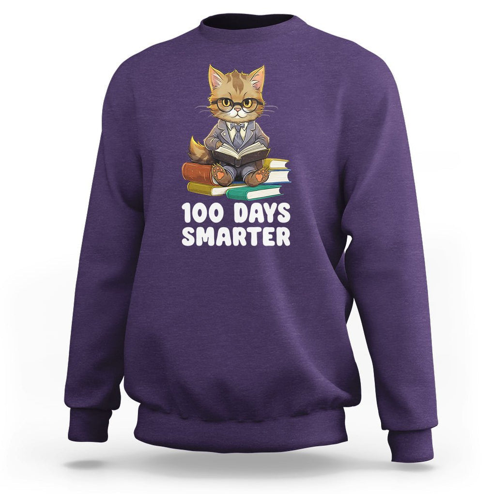 100th Day Of School Sweatshirt 100 Days Smarter Funny Kitty Cat Reading Book TS09 Purple Printyourwear