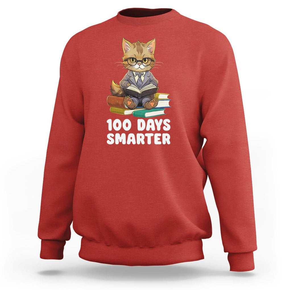 100th Day Of School Sweatshirt 100 Days Smarter Funny Kitty Cat Reading Book TS09 Red Printyourwear