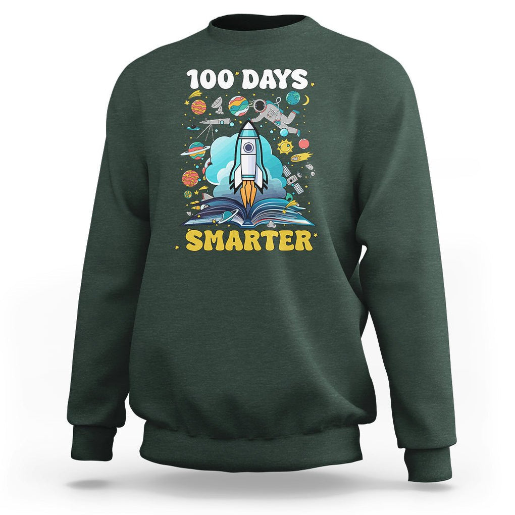 100th Day Of School Sweatshirt 100 Days Smarter Outer Space Magic Book TS09 Dark Forest Green Printyourwear