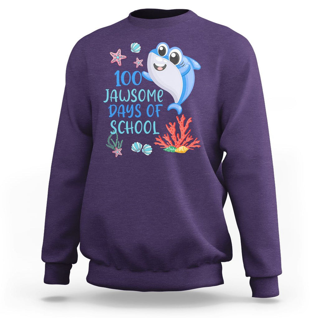 100th Day Of School Sweatshirt 100 Jawsome Days Funny Shark TS09 Purple Printyourwear