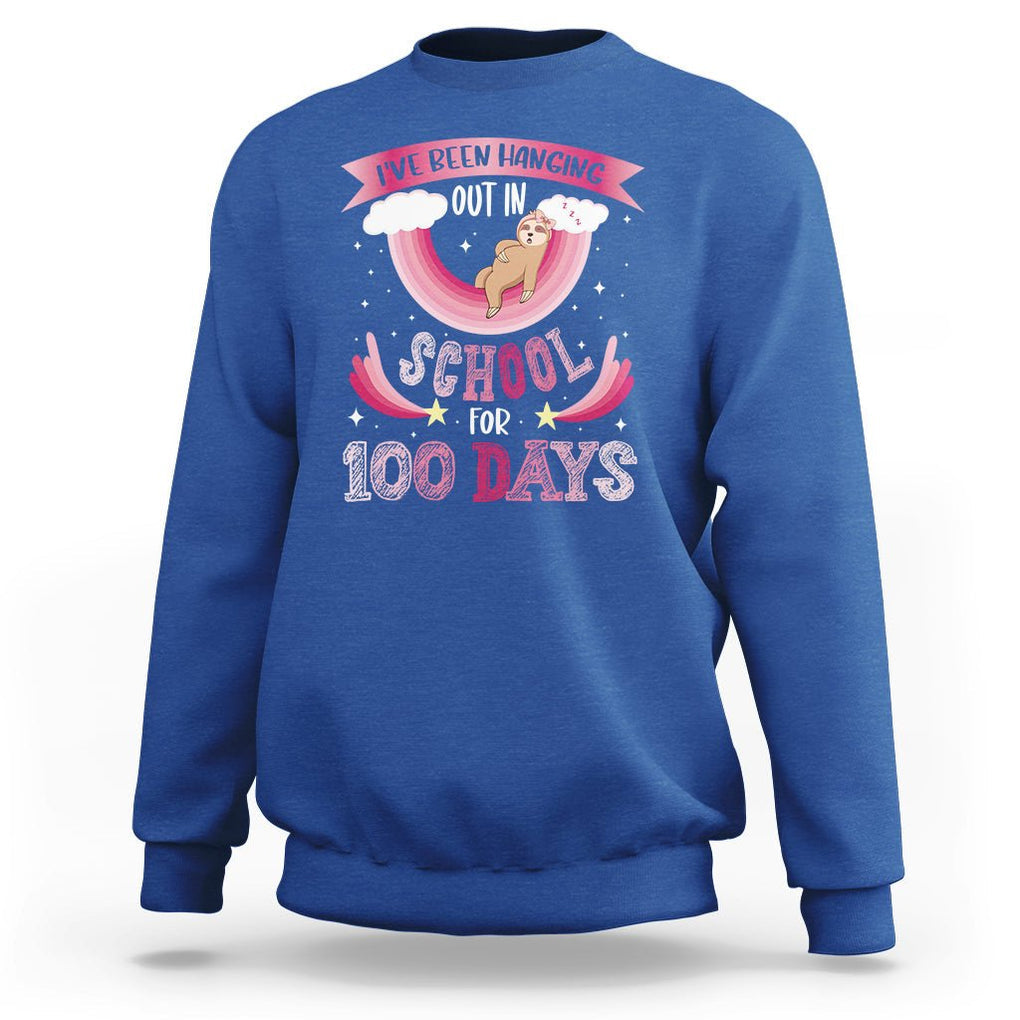 100th Day Of School Sweatshirt Hanging Out In School For 100 Days Funny Sloth TS09 Royal Blue Printyourwear