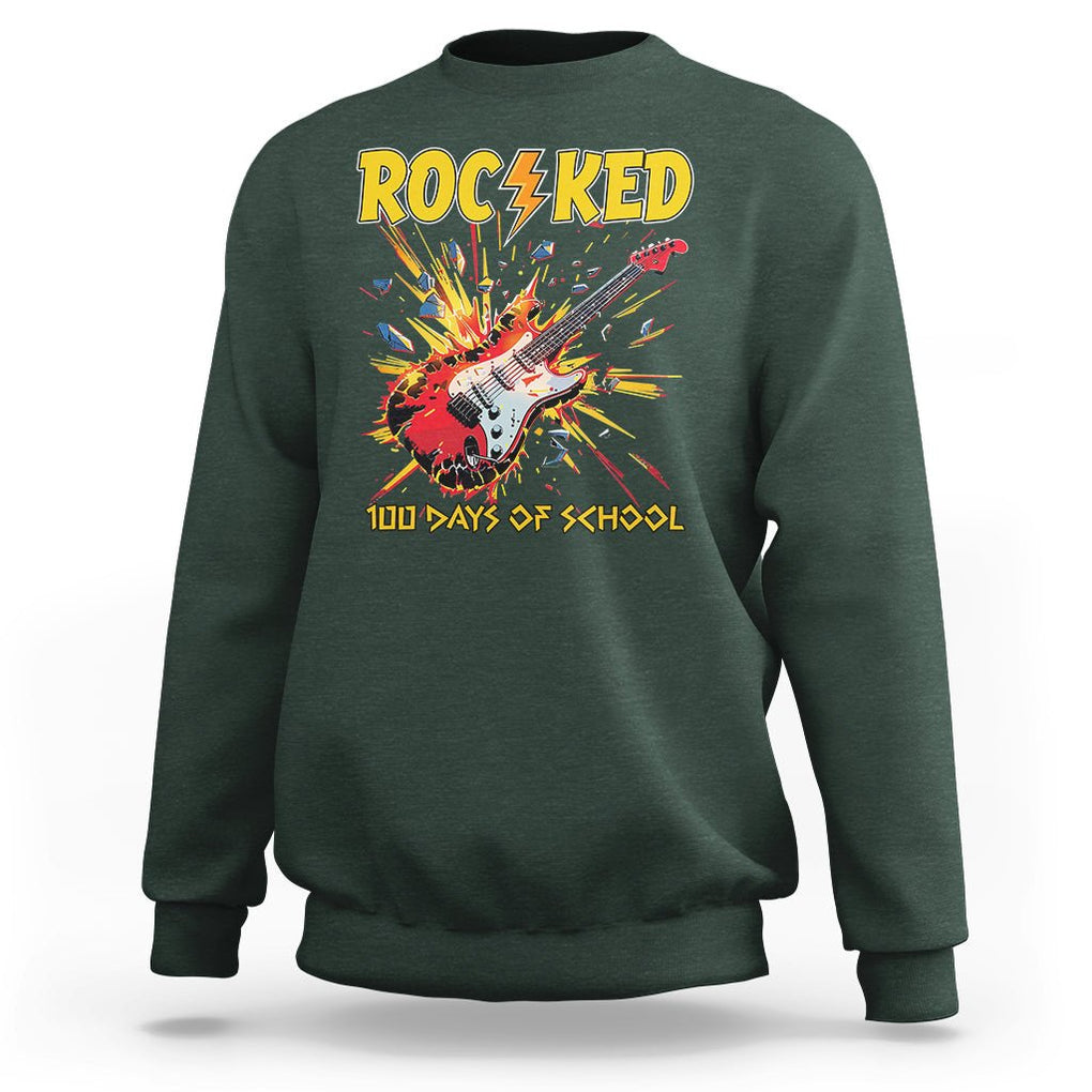 100th Day Of School Sweatshirt I Rocked 100 Days Funny Rock Lover Guitar TS09 Dark Forest Green Printyourwear