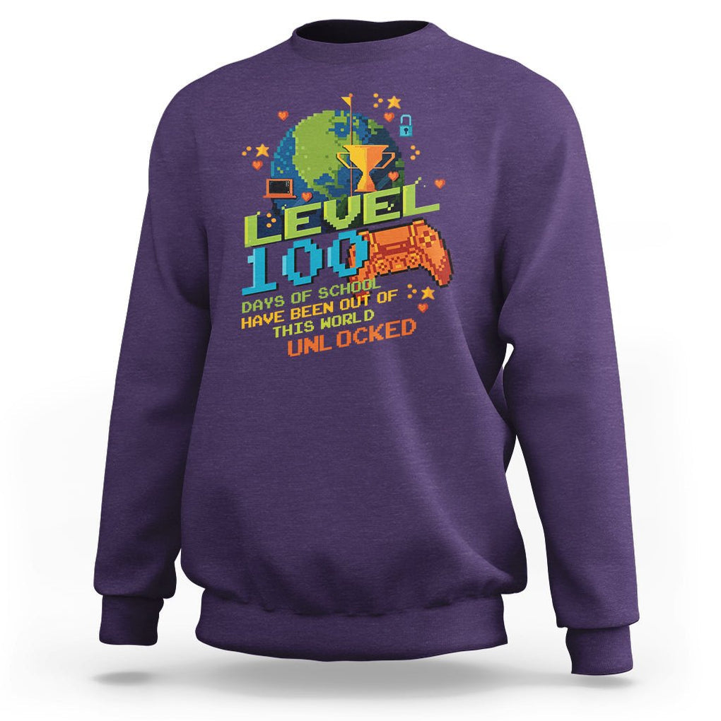100th Day Of School Sweatshirt Level 100 Days Have Been Out Of This World Unlocked Gamer Outer Space TS09 Purple Printyourwear