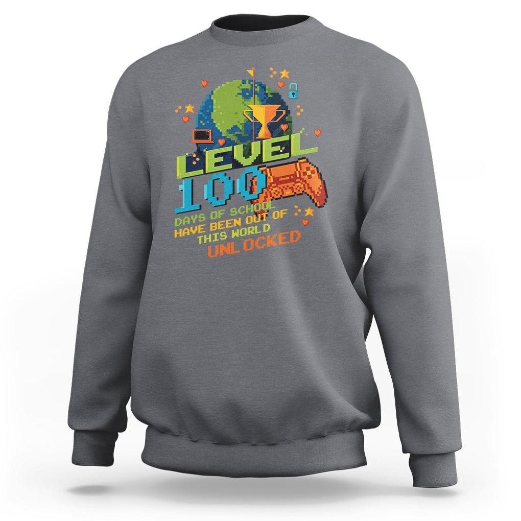 100th Day Of School Sweatshirt Level 100 Days Have Been Out Of This World Unlocked Gamer Outer Space TS09 Charcoal Printyourwear