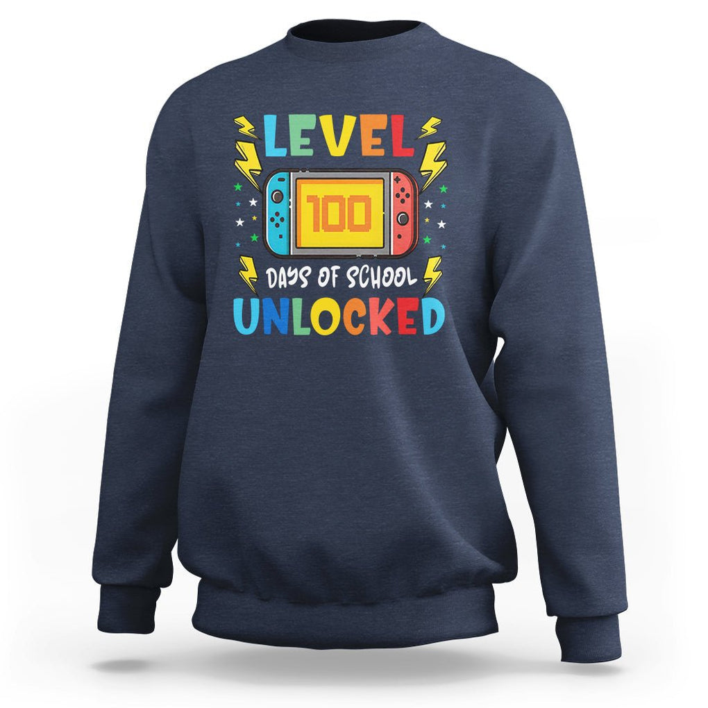 100th Day Of School Sweatshirt Level 100 Days Unlocked Video Game Funny Gamer TS09 Navy Printyourwear