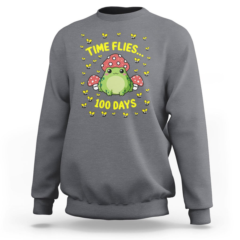 100th Day Of School Sweatshirt Time Flies Frog 100 Days TS09 Charcoal Printyourwear