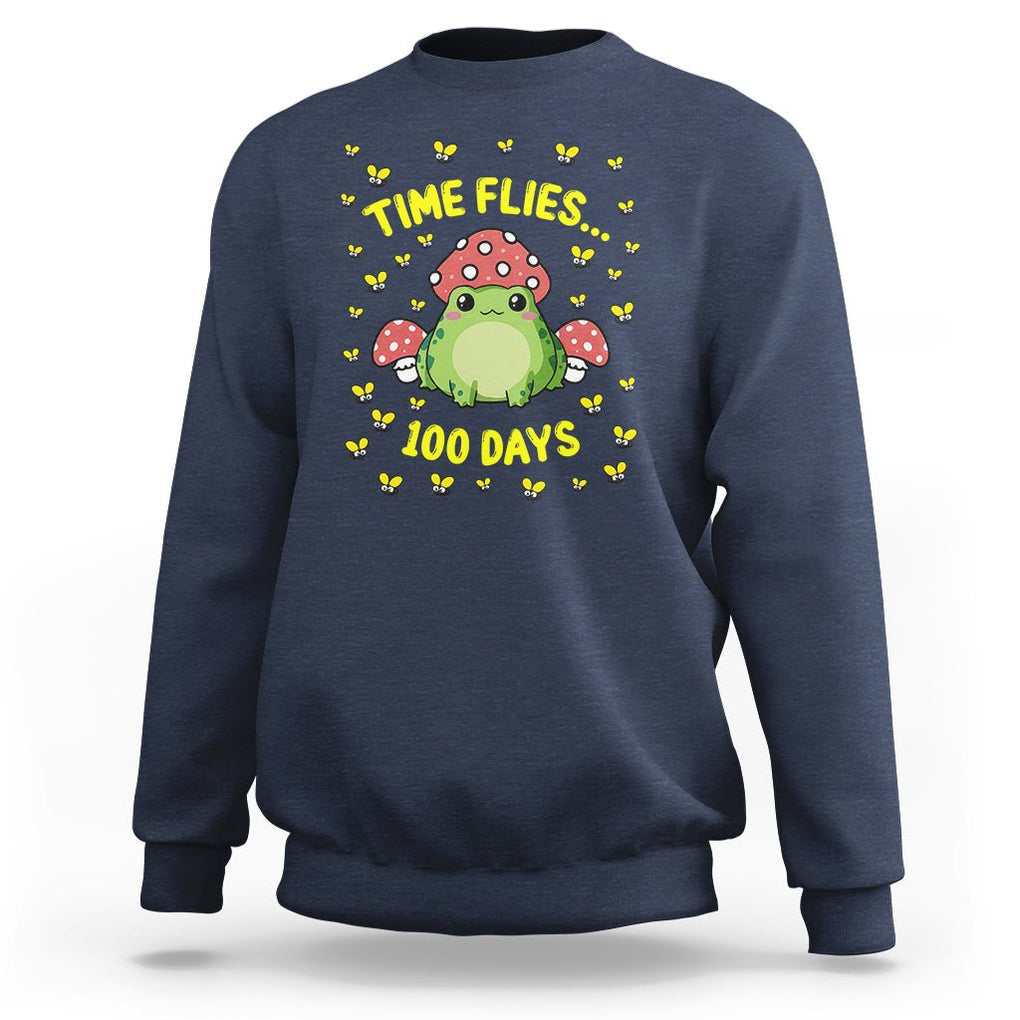 100th Day Of School Sweatshirt Time Flies Frog 100 Days TS09 Navy Printyourwear