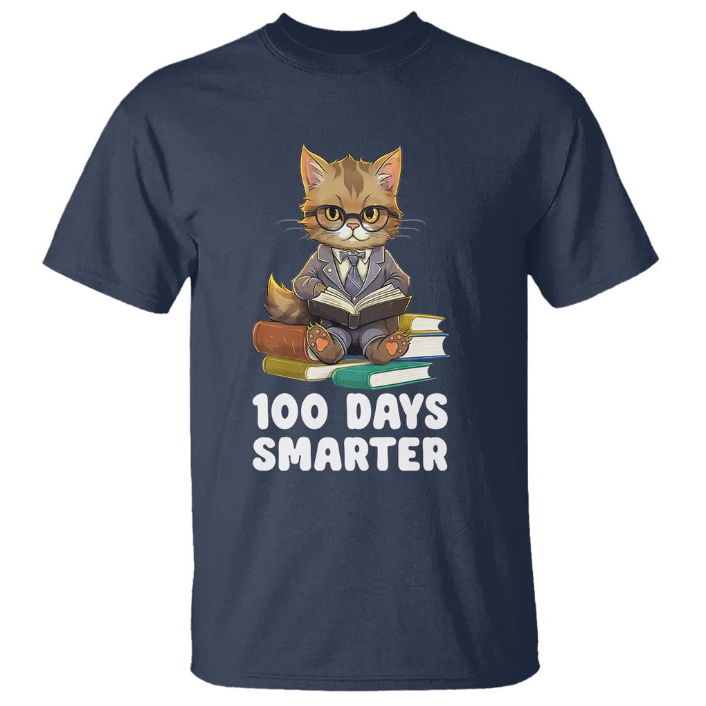100th Day Of School T Shirt 100 Days Smarter Funny Kitty Cat Reading Book TS09 Navy Printyourwear