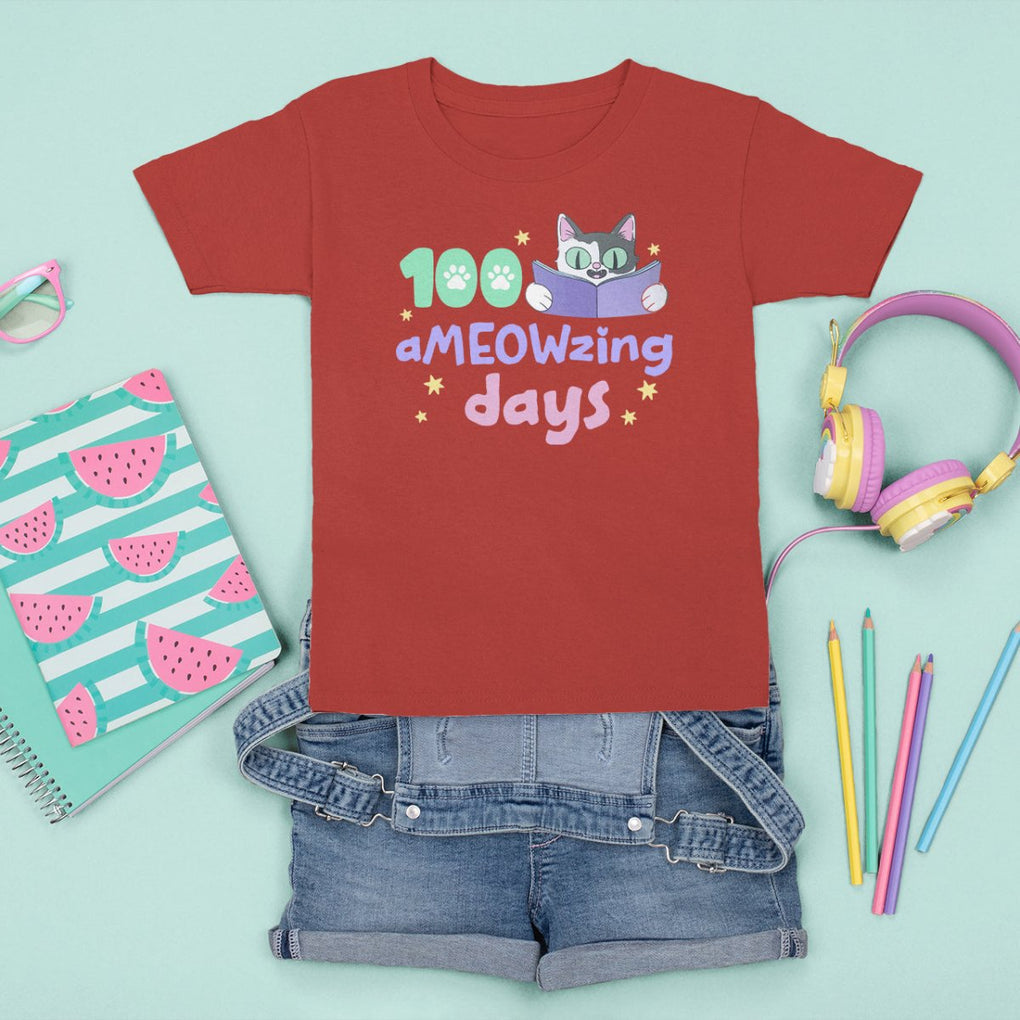 100th Day Of School T Shirt For Kid 100 Ameowzing Days Cute Cat Reading Book TS09 Red Printyourwear