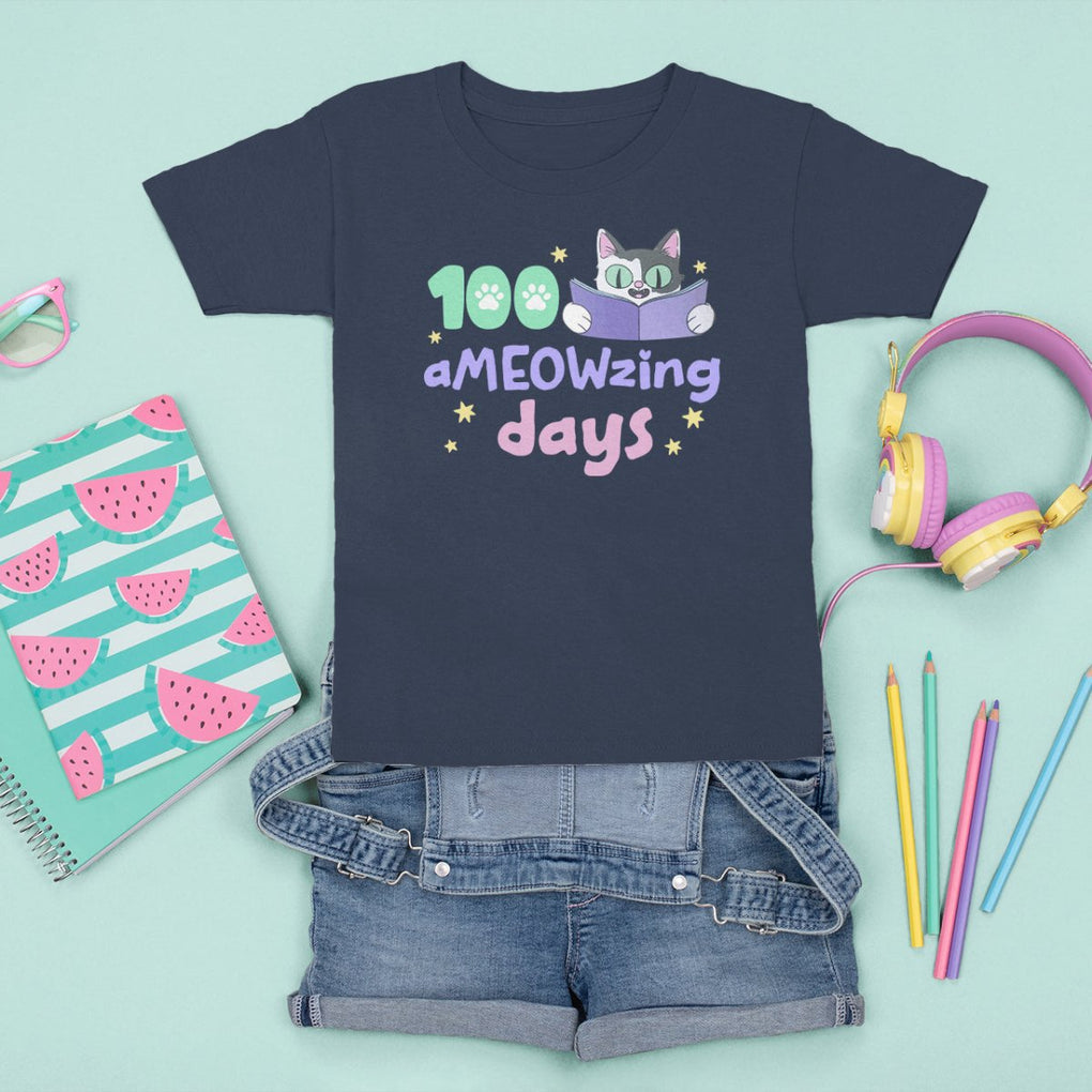 100th Day Of School T Shirt For Kid 100 Ameowzing Days Cute Cat Reading Book TS09 Navy Printyourwear