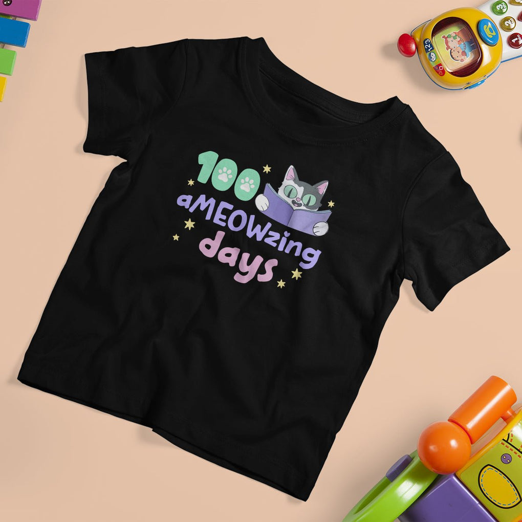 100th Day Of School T Shirt For Kid 100 Ameowzing Days Cute Cat Reading Book TS09 Black Printyourwear