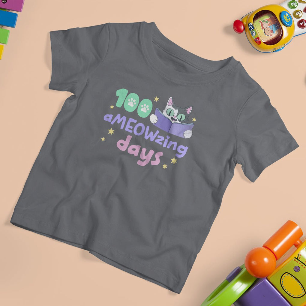 100th Day Of School T Shirt For Kid 100 Ameowzing Days Cute Cat Reading Book TS09 Charcoal Printyourwear