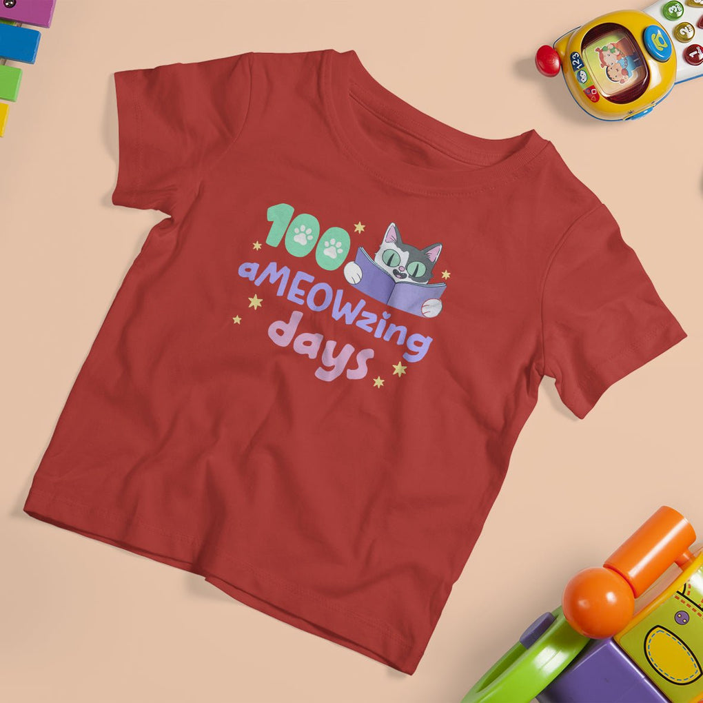 100th Day Of School T Shirt For Kid 100 Ameowzing Days Cute Cat Reading Book TS09 Red Printyourwear
