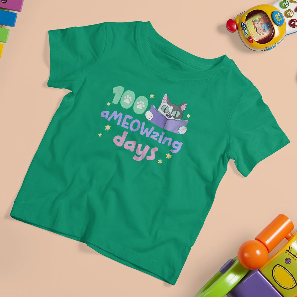 100th Day Of School T Shirt For Kid 100 Ameowzing Days Cute Cat Reading Book TS09 Irish Green Printyourwear