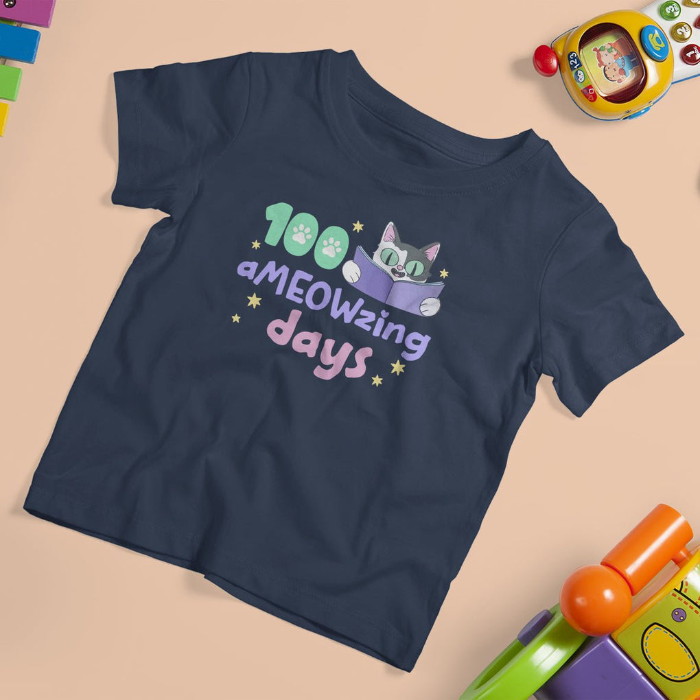 100th Day Of School T Shirt For Kid 100 Ameowzing Days Cute Cat Reading Book TS09 Navy Printyourwear