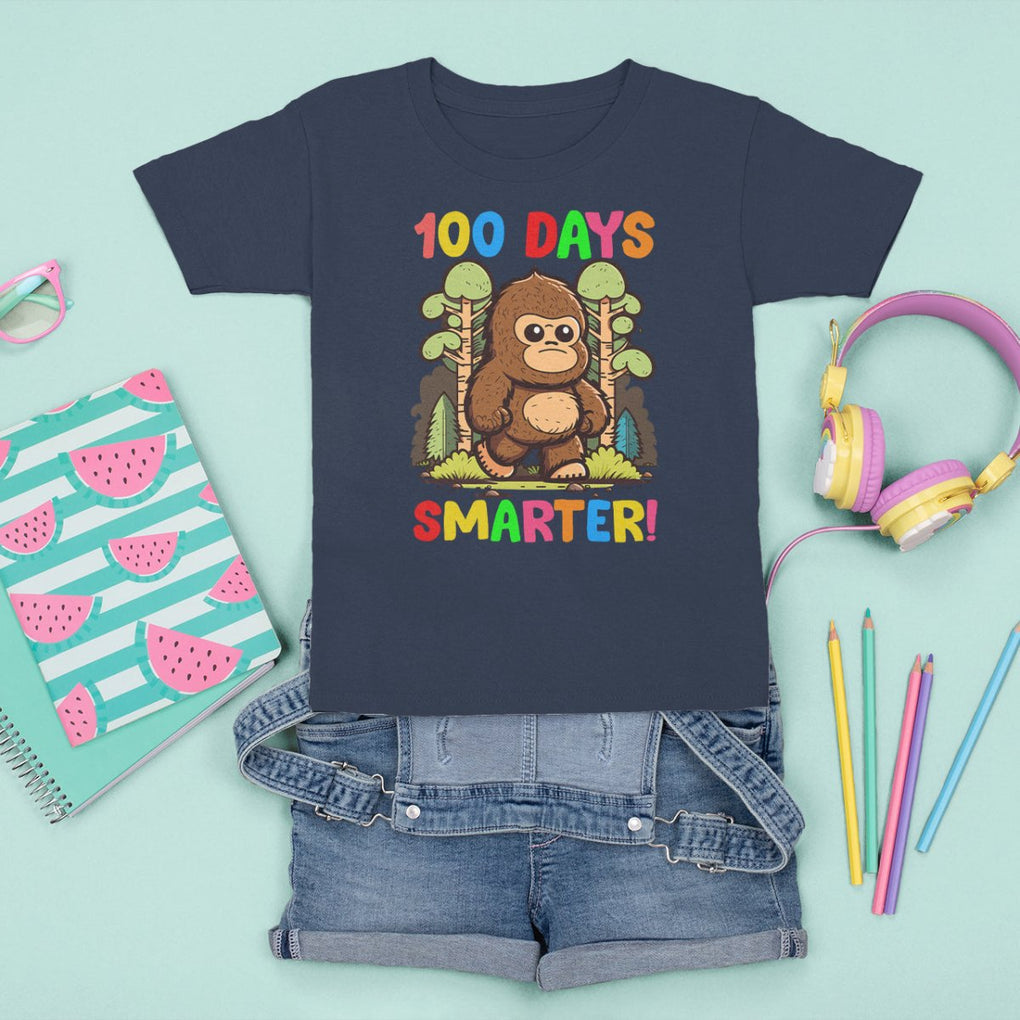 100th Day Of School T Shirt For Kid 100 Days Smarter Cute Bigfoot Sasquatch TS09 Navy Printyourwear